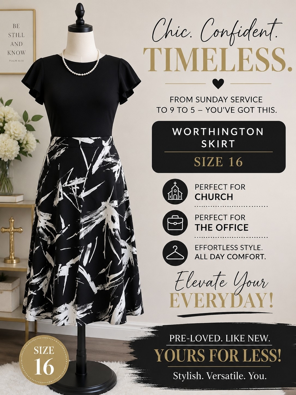 Worthington Black & White Abstract Midi Skirt - Size 16